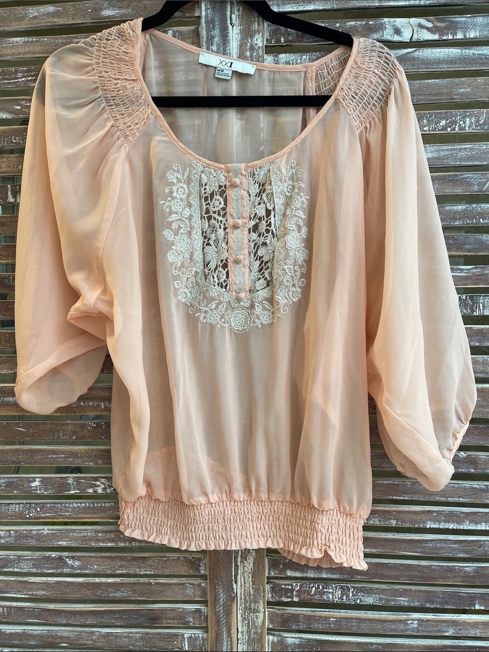 Beautiful bohemian Forever 21 Peach Lace-Trim Sheer Boho Blouse